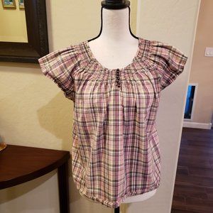 Pink and olive green plaid Blouse